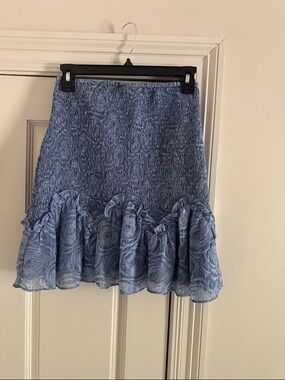 Elliatt Light Blue Smocked Mini Skirt with Rose-Print Ruffle